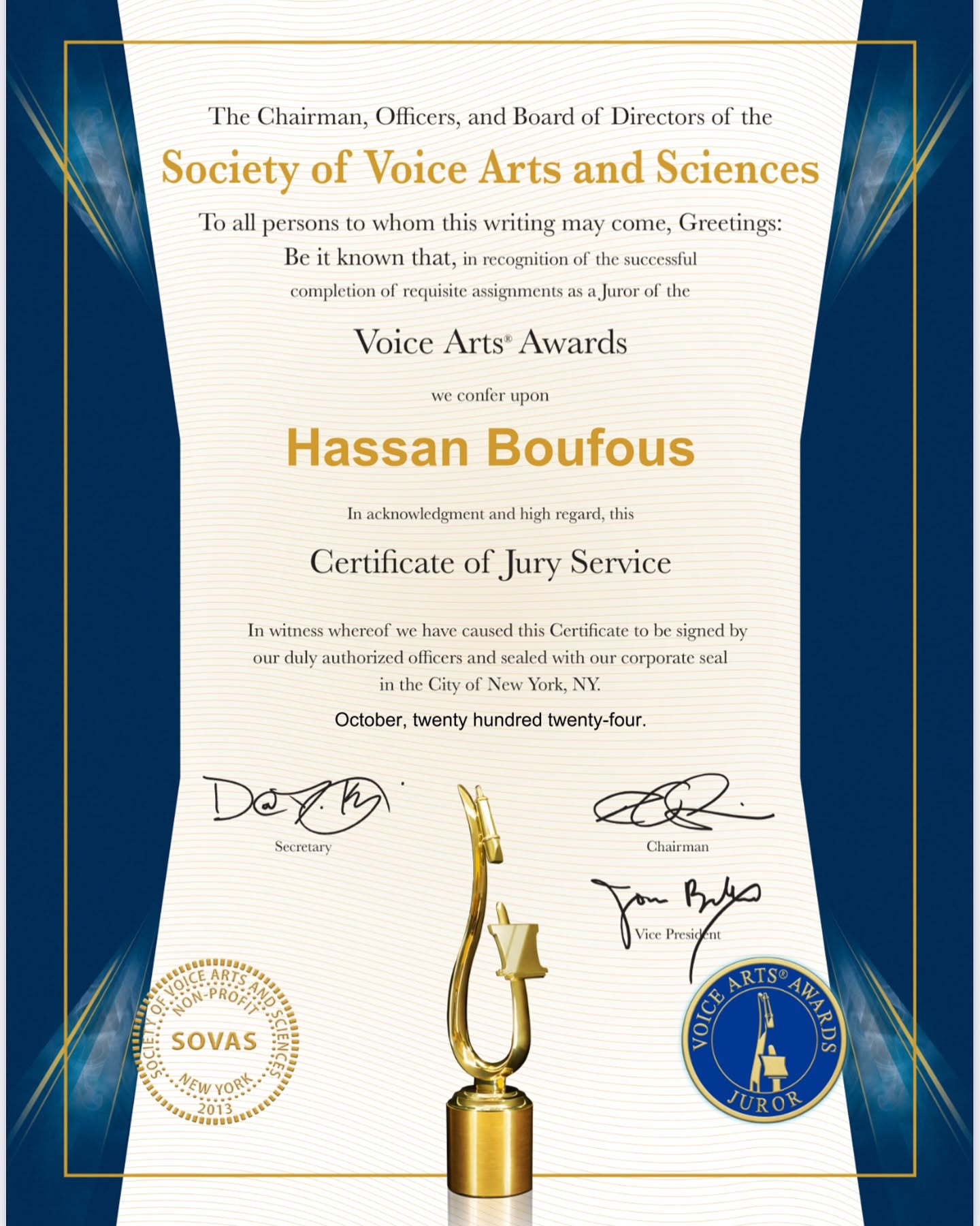 شهادة تحكيم حسن بوفوس في Voice Arts Awards لسنة 2024