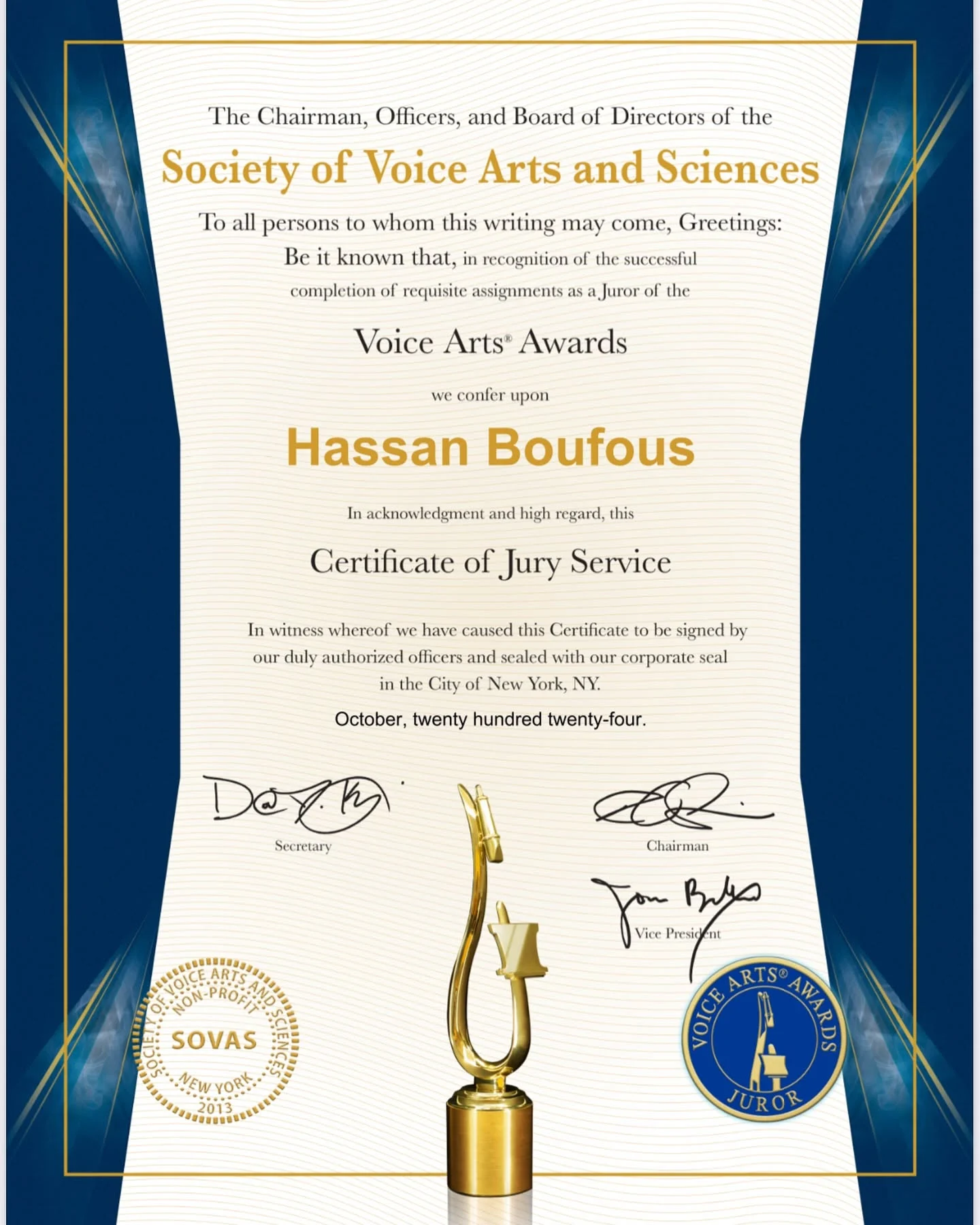Hassan Boufous Voice Arts Awards jury certificate for 2024