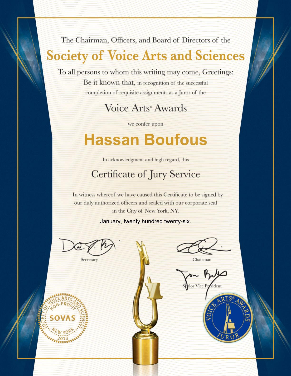 شهادة تحكيم حسن بوفوس في Voice Arts Awards لسنة 2025